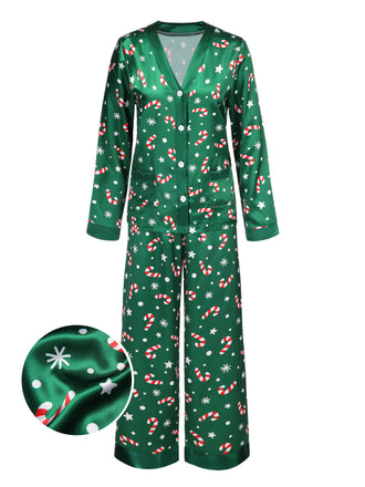 Green 1970s Christmas Candy Cane Pajama Set