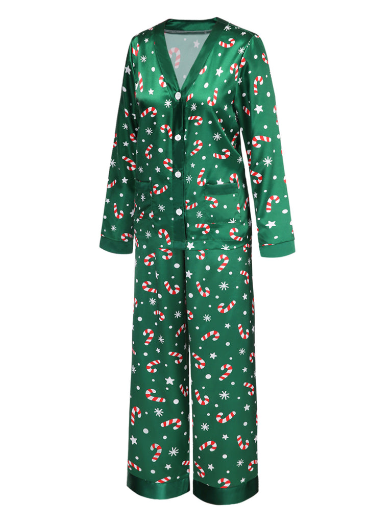Green 1970s Christmas Candy Cane Pajama Set