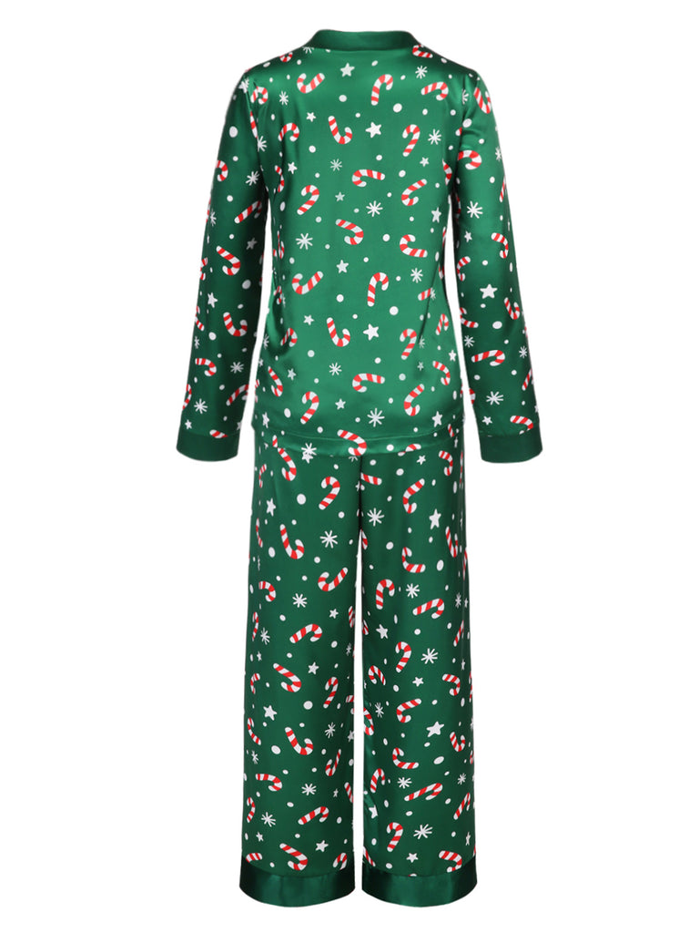 Green 1970s Christmas Candy Cane Pajama Set