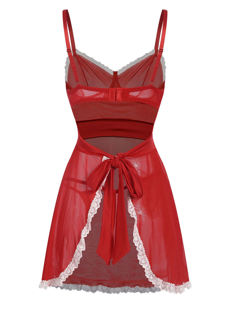 Red 1970s Sheer Lace-Up Nightgown