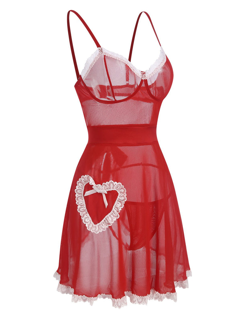 Red 1970s Sheer Lace-Up Nightgown