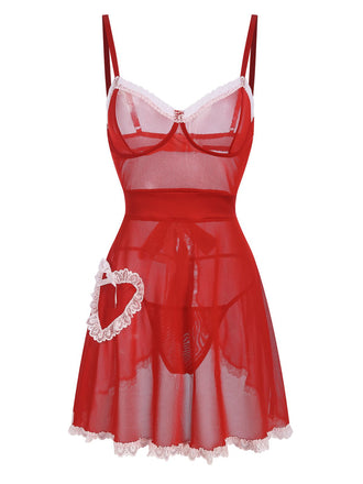 Red 1970s Sheer Lace-Up Nightgown