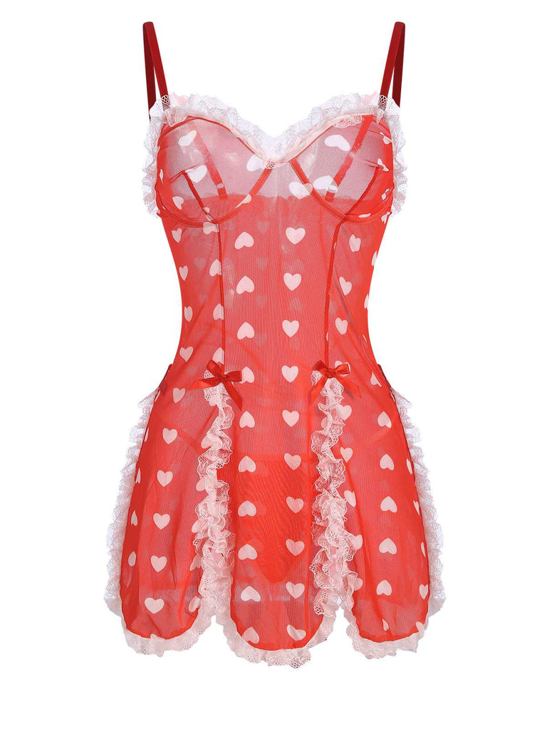 Red 1970s Lace Heart Ruffles Nightgown
