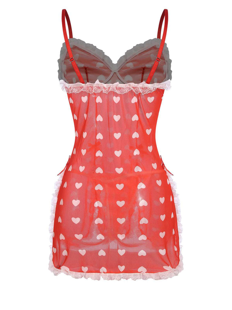 Red 1970s Lace Heart Ruffles Nightgown
