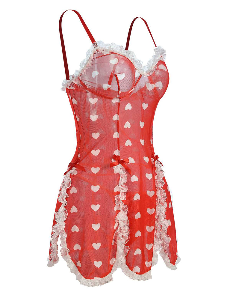 Red 1970s Lace Heart Ruffles Nightgown
