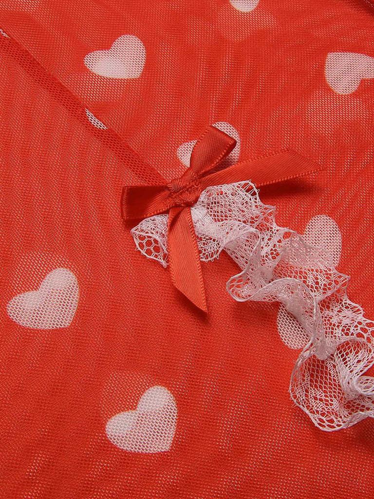 Red 1970s Lace Heart Ruffles Nightgown