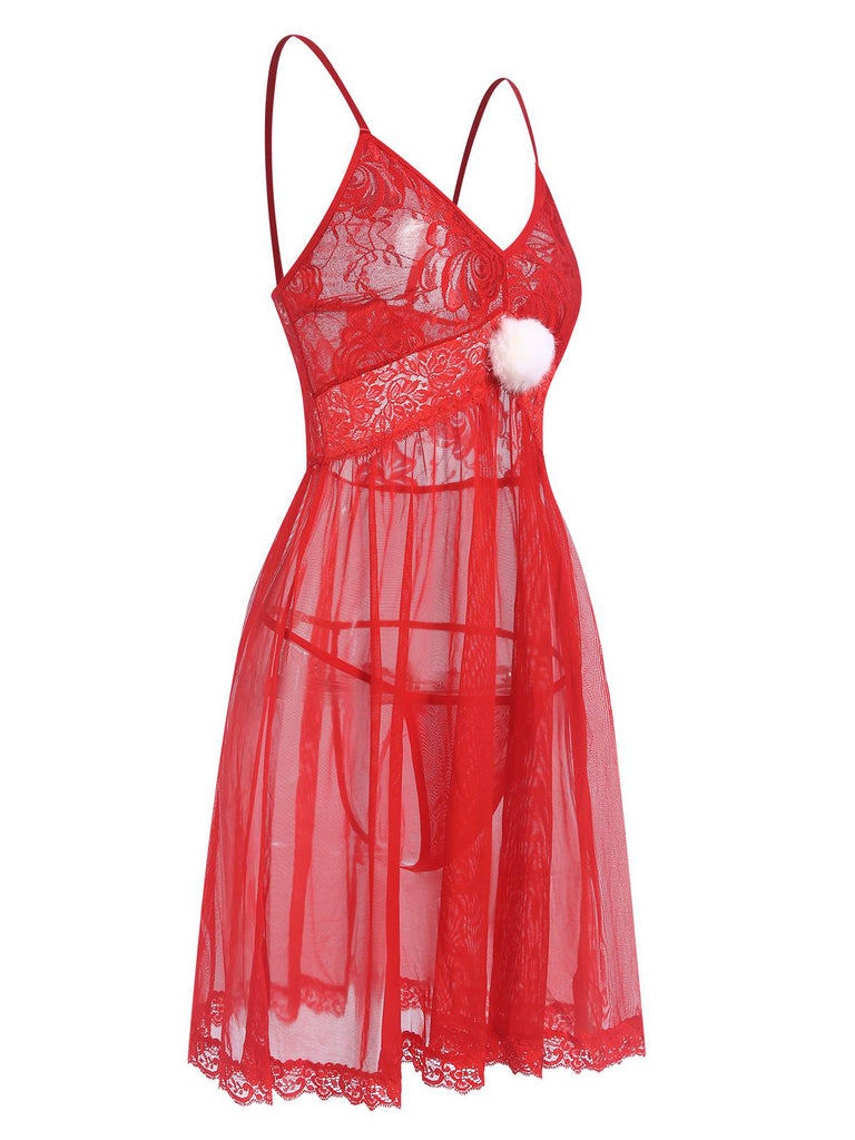Red 1950s Lace Sheer Straps Nightgown