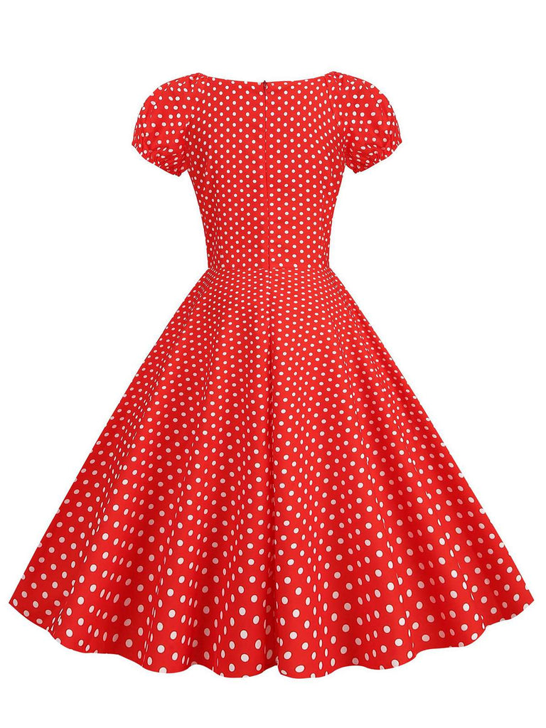 Red 1950s Polka Dot Sweetheart Neck Bow Dress