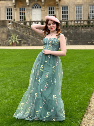1930s Floral Mesh Boned Lace-Up Dress