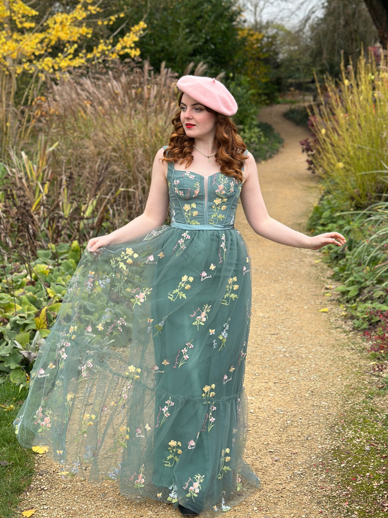 1930s Floral Mesh Boned Lace-Up Dress