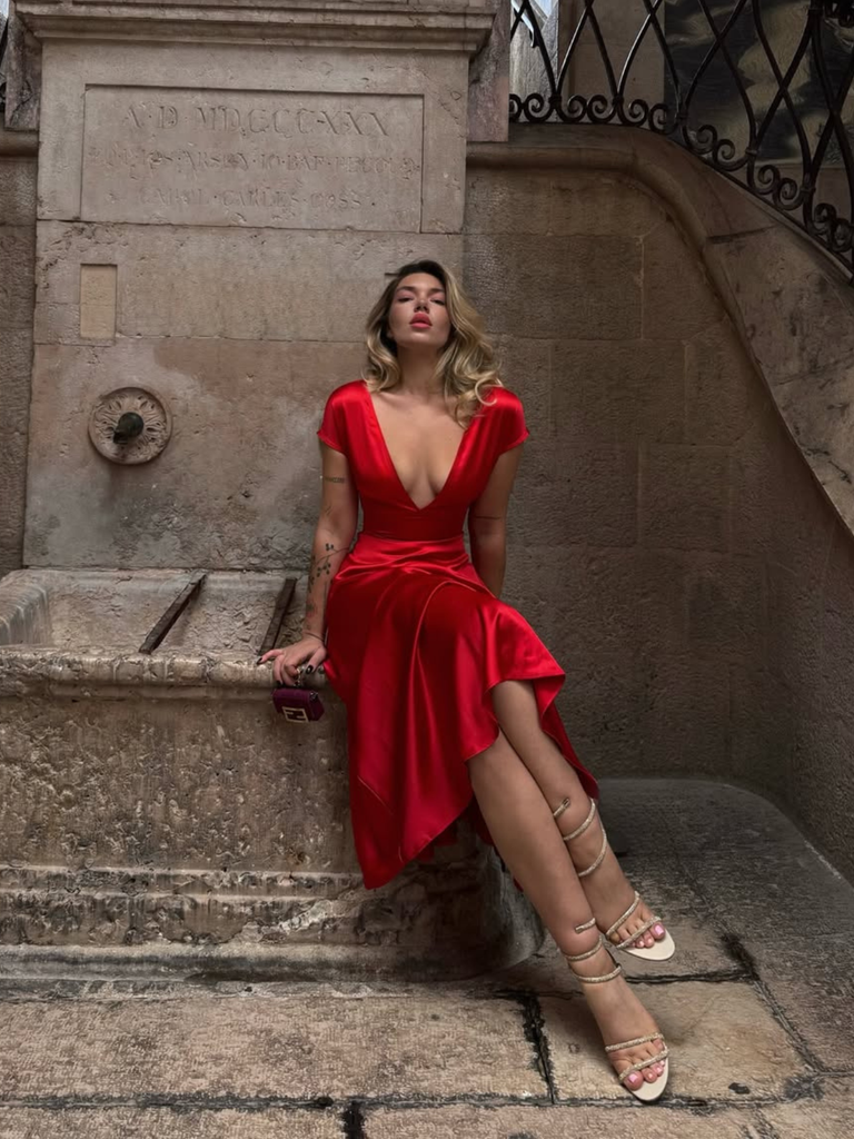 1930s Solid Deep V-Neck Satin Dress