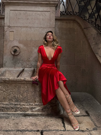 1930s Solid Deep V-Neck Satin Dress