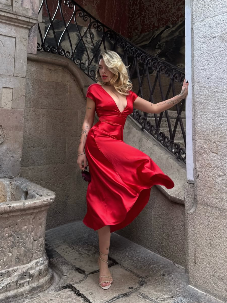 1930s Solid Deep V-Neck Satin Dress