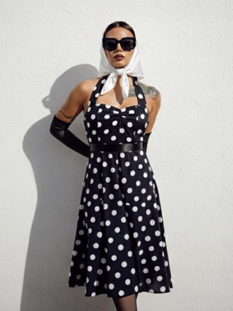 1950s Halter Contrast Polka Dots Belted Dress