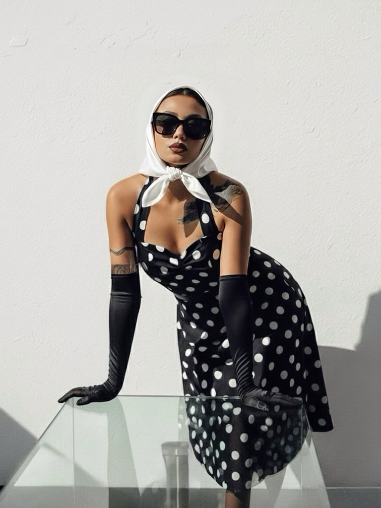 1950s Halter Contrast Polka Dots Belted Dress