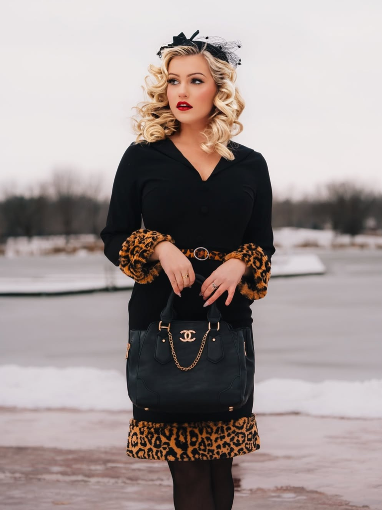 Black 1960s Leopard Plush V-Neck Pencil Dress