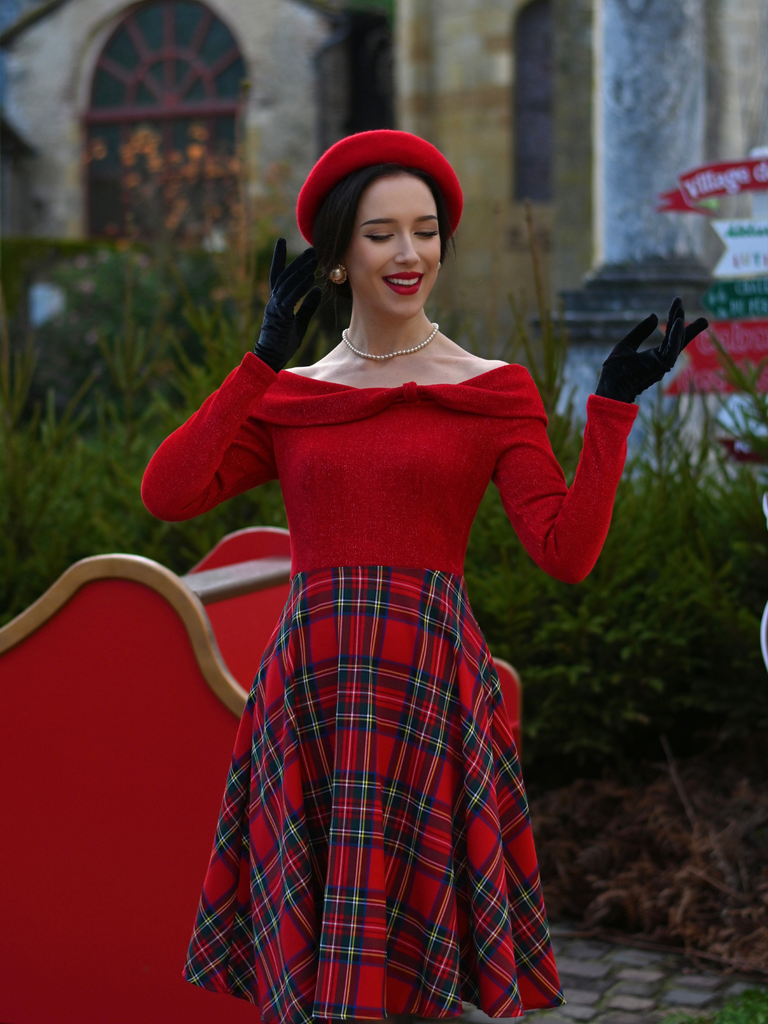 Red 1950s Christmas Off Shoulder Tartan Dress