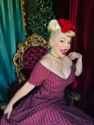 Red 1950s Plaid Ruched Sweetheart Neck Bow Dress