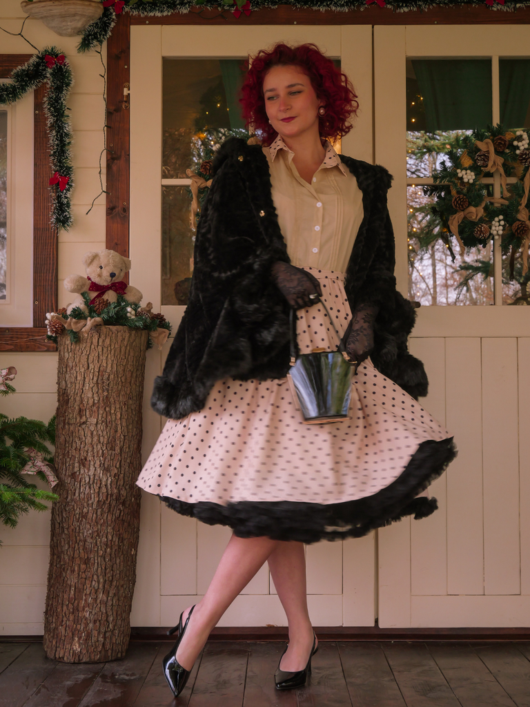 Beige 1940s Cotton Polka Dot Lapel Dress