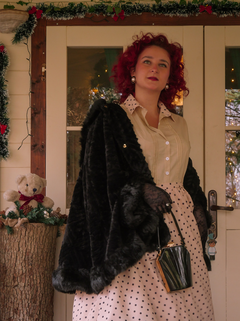 Beige 1940s Cotton Polka Dot Lapel Dress