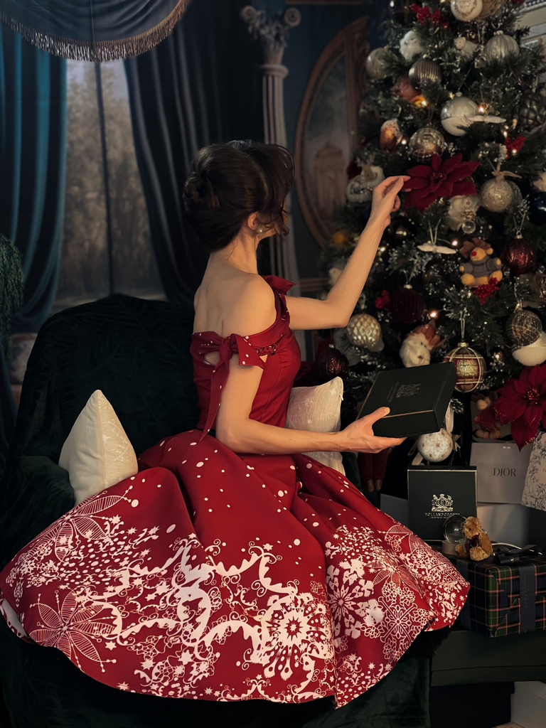 Red 1950s Off-shoulder Snowflake Dress
