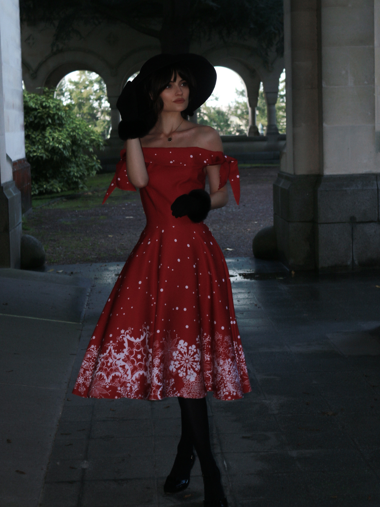 Red 1950s Off-shoulder Snowflake Dress