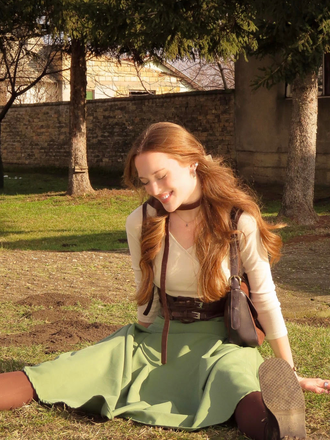 Beige & Green 1950s Knit Off-Shoulder Pleated Dress