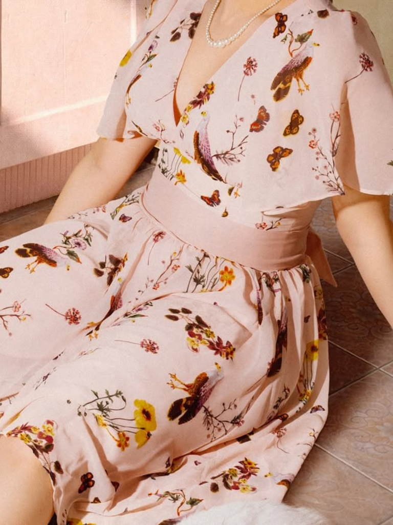 Pink Flowers And Birds Bowknot V-Neck Dress