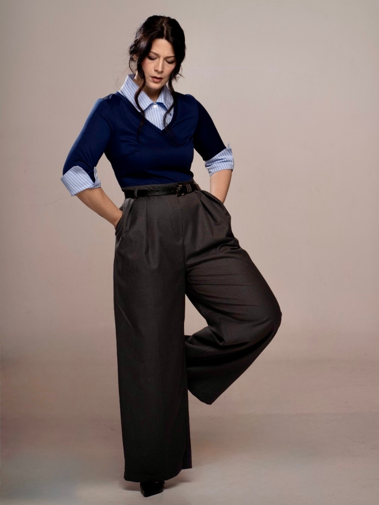 Blue & Gray 1940s Knit Colorblock 3/4 Sleeve Shirt Jumpsuit