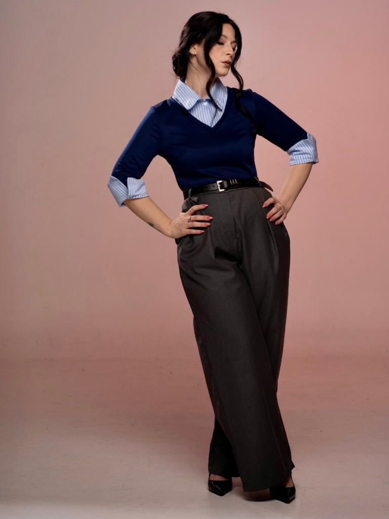 Blue & Gray 1940s Knit Colorblock 3/4 Sleeve Shirt Jumpsuit