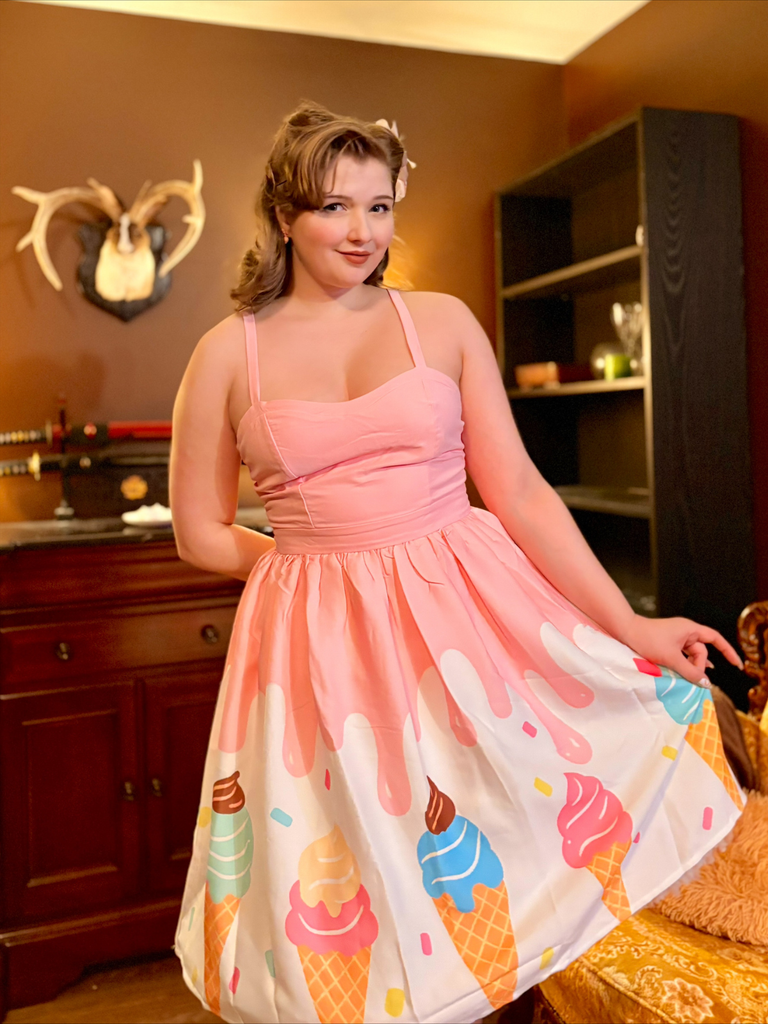 Pink 1950s Ice-Cream Sweetheart Neck Dress