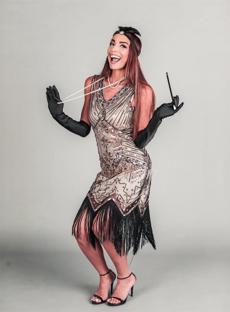 [US Warehouse] Champagne 1920s Sequined Flapper Dress & 6PCS Acccessories