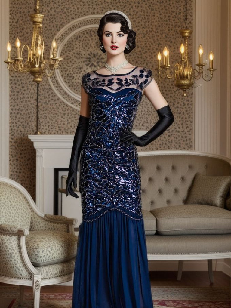 Blue 1920s Sequin Maxi Dress