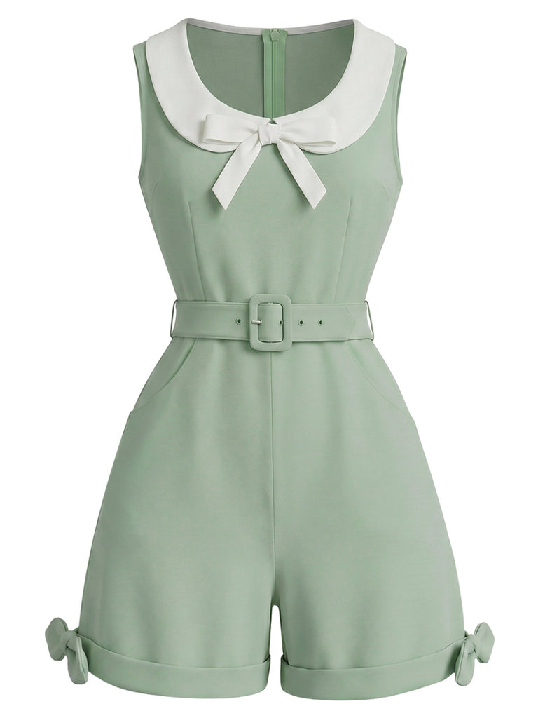 [Pre-Sale] Sage Green 1950s Bow Peter Pan Collar Belted Romper, vintage romper, retro jumpsuit - perfect for women who love vintage and retro fashion