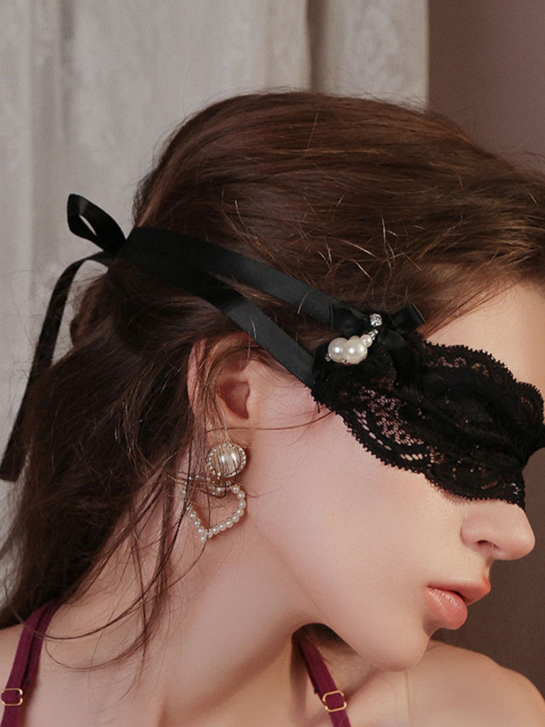 See-Through Pearl Decor Lace Eye Mask - vintage fashion, retro style