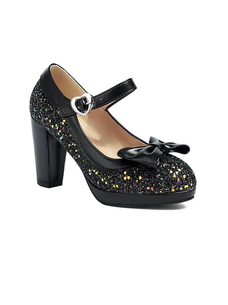 Sequined Bow Chunky High Heels — vintage vintage charm for her modern wardrobe