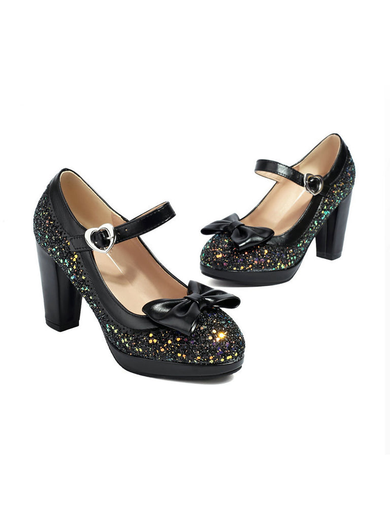 She finds her vintage story in this Sequined Bow Chunky High Heels