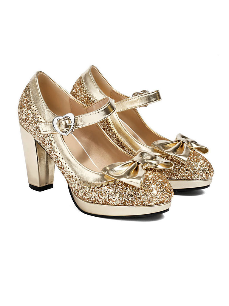 Sequined Bow Chunky High Heels: timeless vintage elegance she makes her own