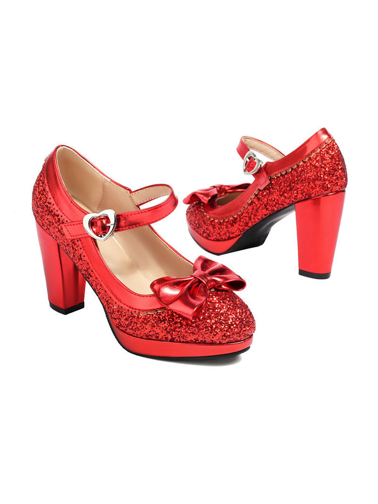 Sequined Bow Chunky High Heels — vintage style that transcends decades