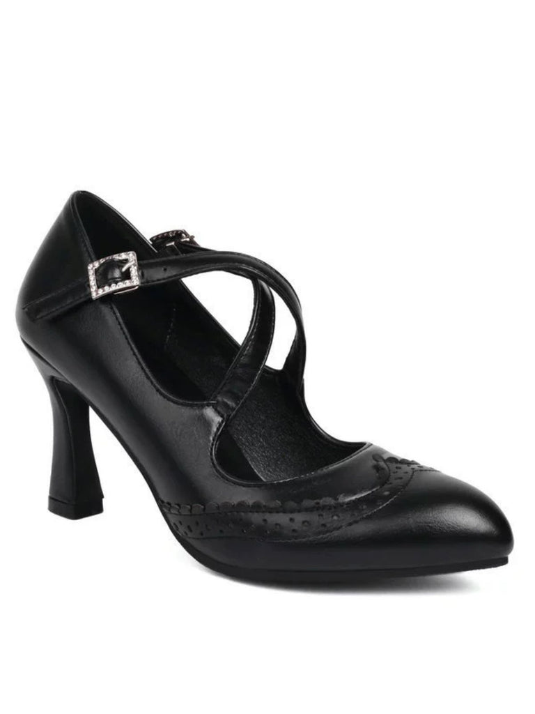 Vintage Crossed Straps Brogue Detail High Heel Shoes - vintage shoes, retro heels
