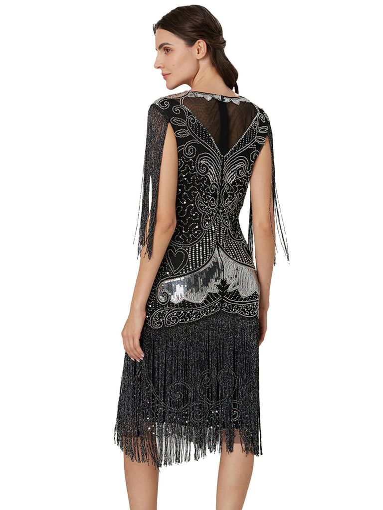 Silver 1920s Sequined Tassel Mesh Patchwork Dress - vintage dress, retro fashion, Gatsby party