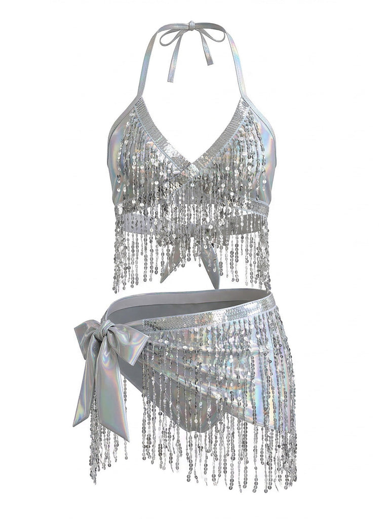 Silver Sequin Tassel Fringe Bikini Set