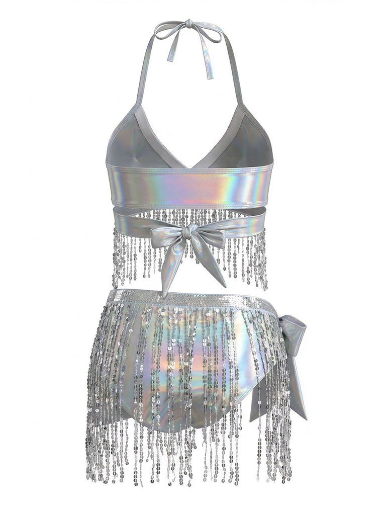 Silver Sequin Tassel Fringe Bikini Set 2