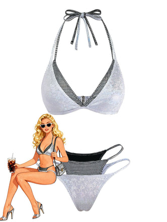 Silver 1980s Halter Shimmer Fake Two-Piece Bikini Set - vintage swimwear, retro swimsuit, pin-up style for vintage lovers