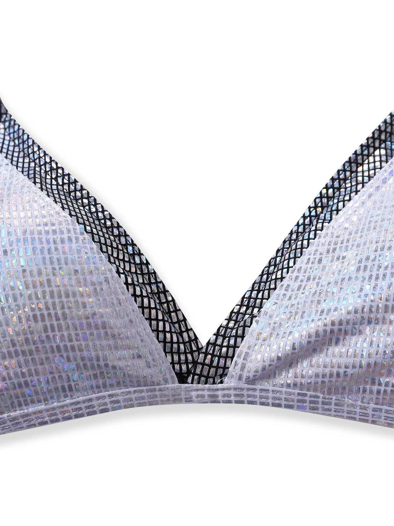 Silver 1980s Halter Shimmer Fake Two-Piece Bikini Set - vintage swimwear, retro swimsuit, pin-up style for vintage lovers