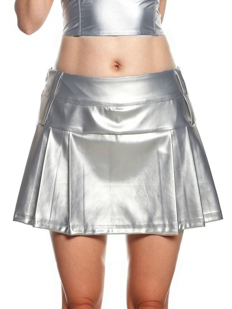 Silver 1980s Steampunk Solid Pleated Skirt, vintage skirt, retro style - perfect for women who love vintage and retro fashion