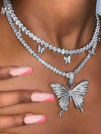 Silver 3D Butterfly Rhinestone Double-Layer Necklace - vintage fashion, retro style
