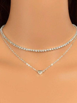 Silver Double Layer Heart Pendant Diamond Necklace - vintage fashion, retro style