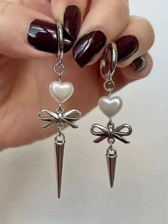 Silver Heart Asymmetrical Bow Drop Gothic Earrings - vintage fashion, retro style