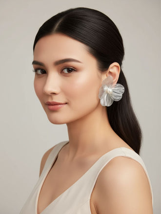 Silver Hollow 3D Floral Pearl Earrings - vintage fashion, retro style